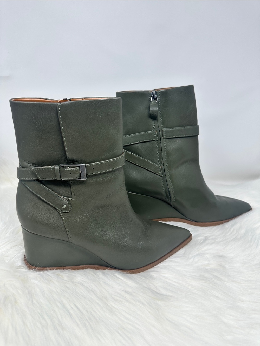 Franco Sarto Dark Olive Leather Wedge Ankle Boots